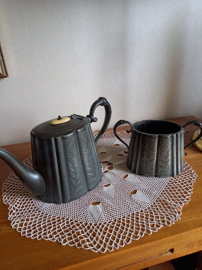 Antiek tinnen theepot met suikerpot, Ophalen of Verzenden