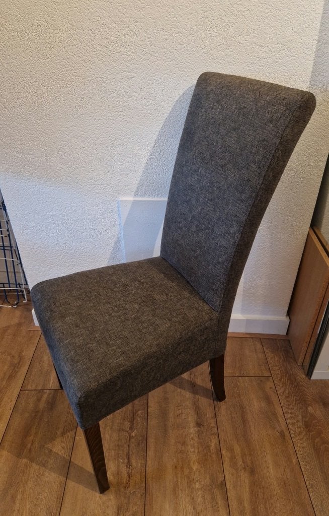 Hoge donkergrijze eetkamerstoelen (4 stuks), Ophalen, Gebruikt, Hout, Vier