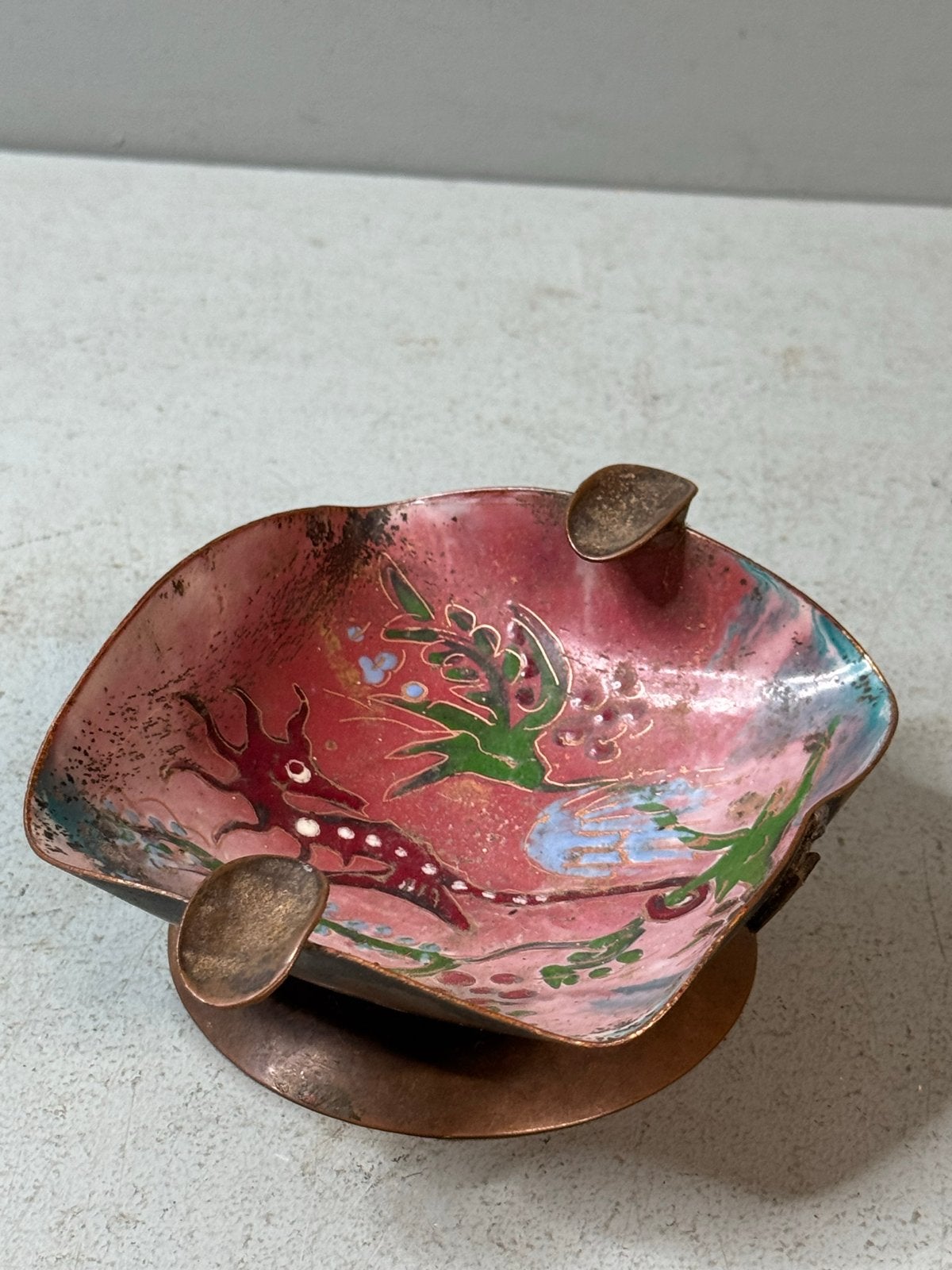 Vintage koperen asbak met emaille decoratie, Ophalen of Verzenden