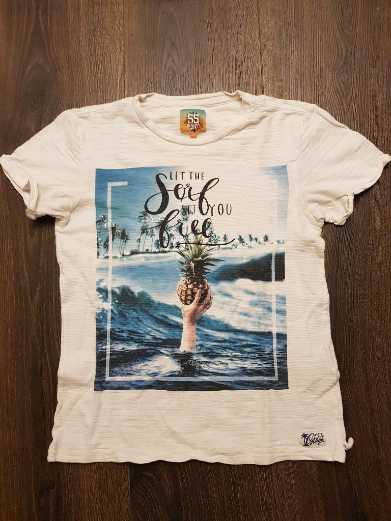 55 Stage t-shirt crème met leuke afbeelding voorzijde mt XS, Kleding | Heren, Beige, Ophalen of Verzenden, Zo goed als nieuw, 55 Stage