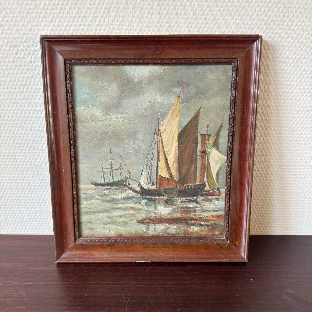 Vintage Paneel Olieverf Schilderij, Schepen, Boten Zeezicht, Antiek en Kunst, Kunst | Schilderijen | Klassiek, Ophalen of Verzenden