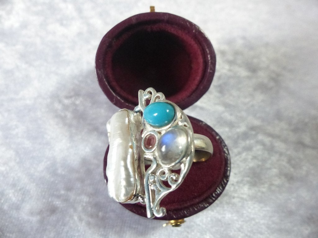 Mooie Zilveren Ring met Maansteen - turkois - lange Parel, Sieraden, Tassen en Uiterlijk, Verzenden, Zilver, Ring, Met edelsteen