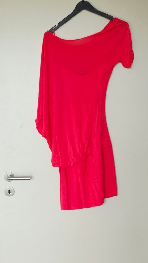 Pinko koraalrode jurk asymmetrisch maat L, Pinko, Maat 42/44 (L), Ophalen of Verzenden, Zo goed als nieuw