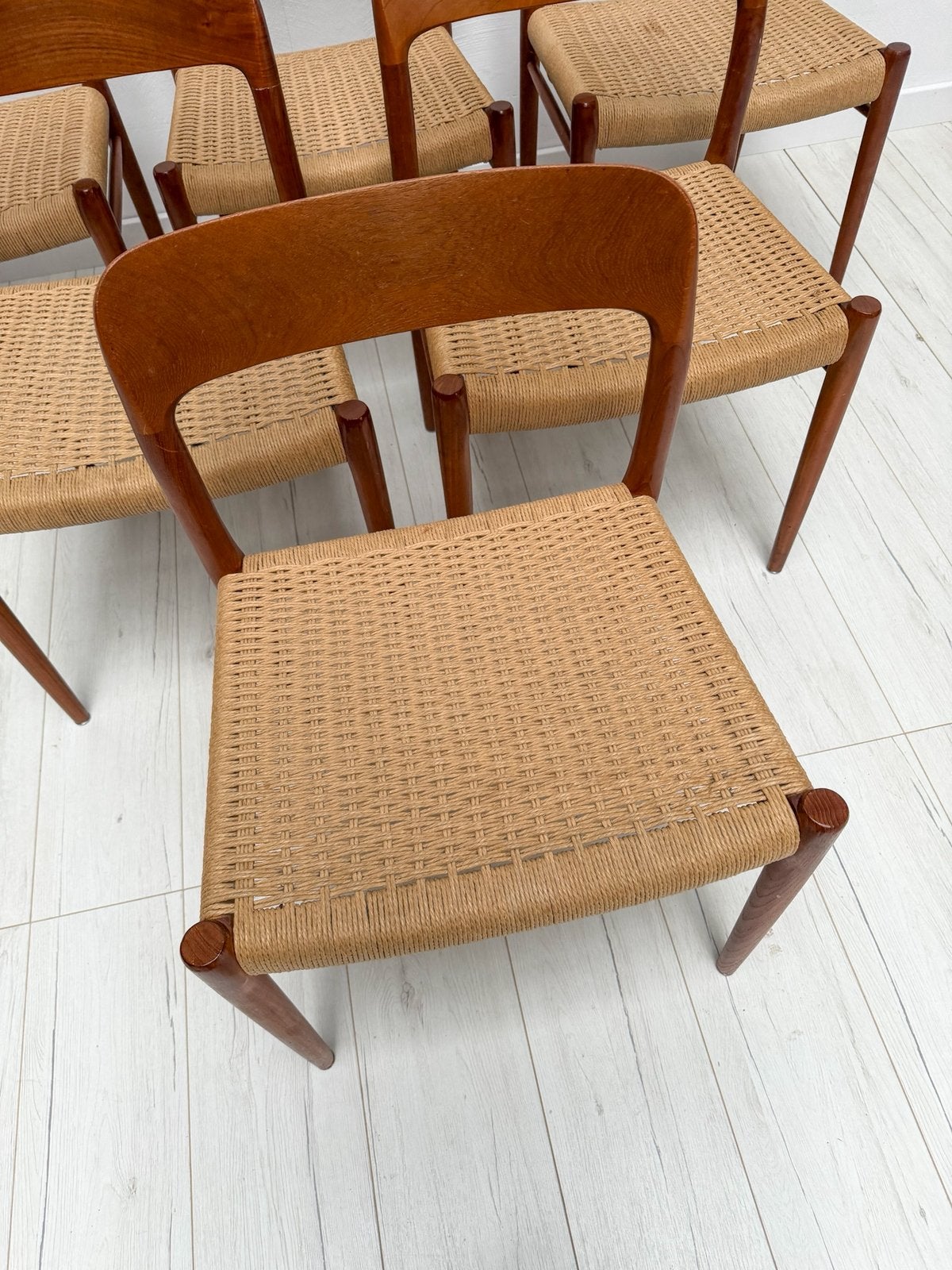 6 Vintage Deense Teak Eetkamerstoelen Niels O. Møller No.75, Huis en Inrichting, Stoelen, Bruin, Zo goed als nieuw, Vijf, Zes of meer stoelen