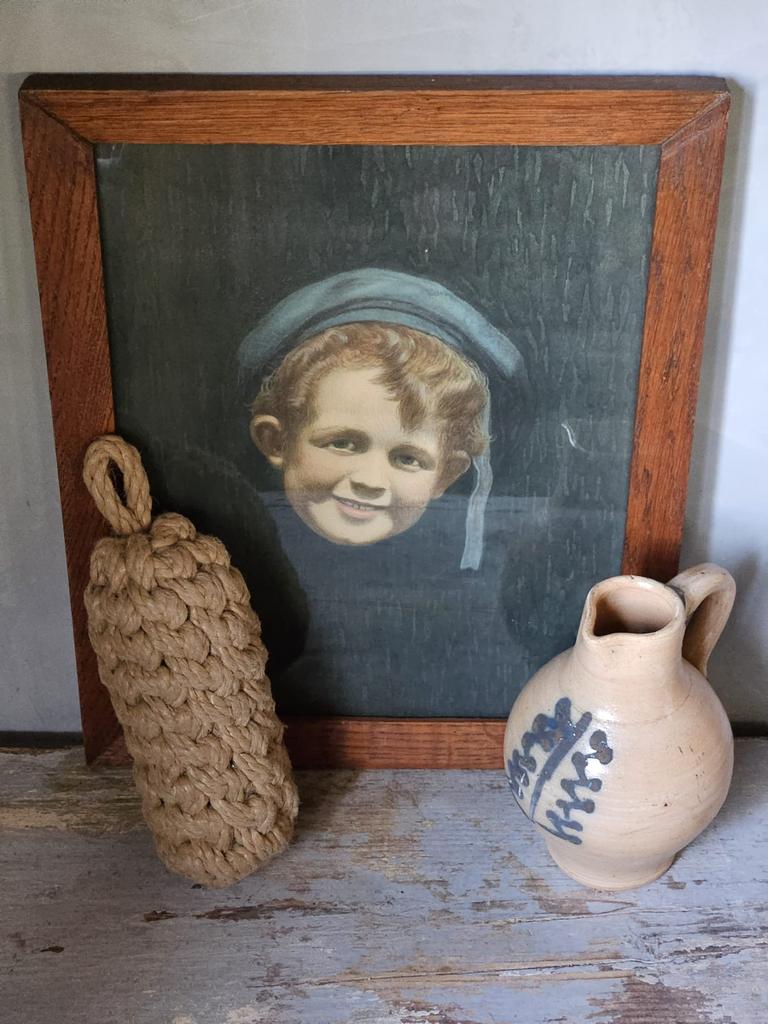 Set brocante blauw / drijver /pot / schilderij, Ophalen of Verzenden