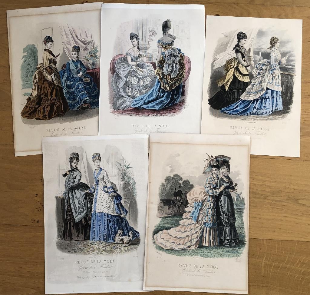 Vijf handgekleurde modeprenten uit 1873, Antiek en Kunst, Ophalen of Verzenden