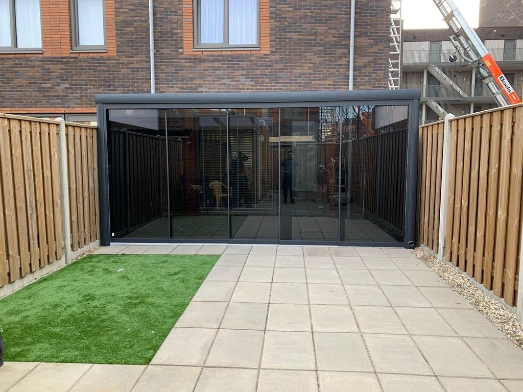 Moderne veranda met glazen schuifwanden, Tuin en Terras, Overkappingen, Ophalen of Verzenden, Zo goed als nieuw, Veranda