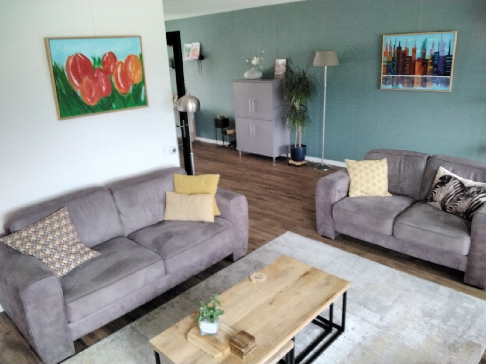 Comfortabel grijs taupe bankstel micro-suede stof, Ophalen, Gebruikt, Modern en comfortabel, Overige maten