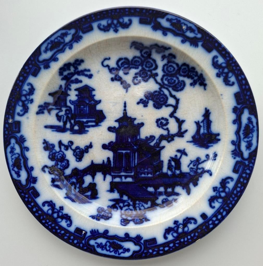 Antiek porseleinen bord, blauw-wit, 25,5 cm, Ophalen of Verzenden