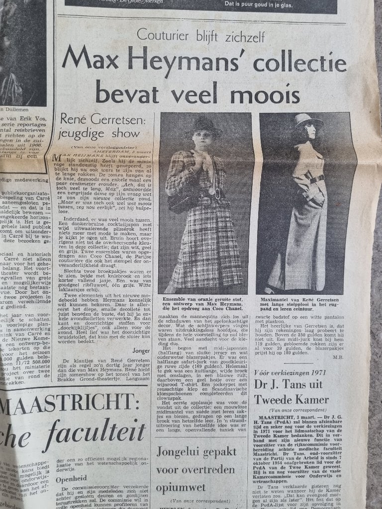 MODE Nieuwe collectie van couturier Max Heymans (1970), Verzamelen, Ophalen of Verzenden, 1960 tot 1980, Knipsel(s)