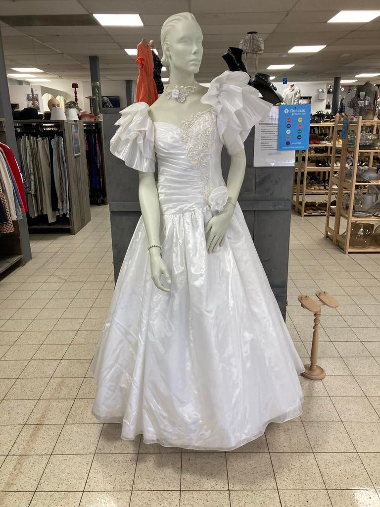 Elegante Trouwjurk met Pofmouwen - Klassiek Wit, Ophalen, Trouwjurk, ., Wit