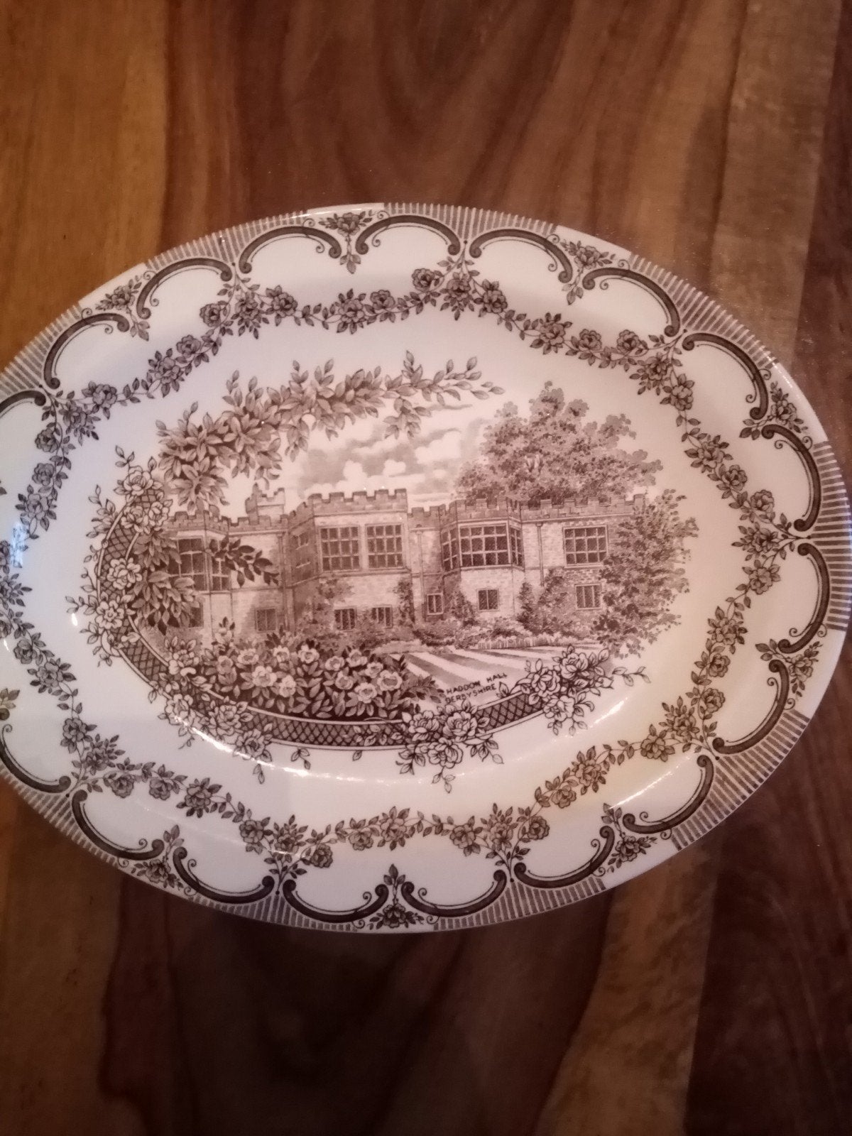 Antieke ovale schaal Haddon Hall Derbyshire bruin decor, Ophalen