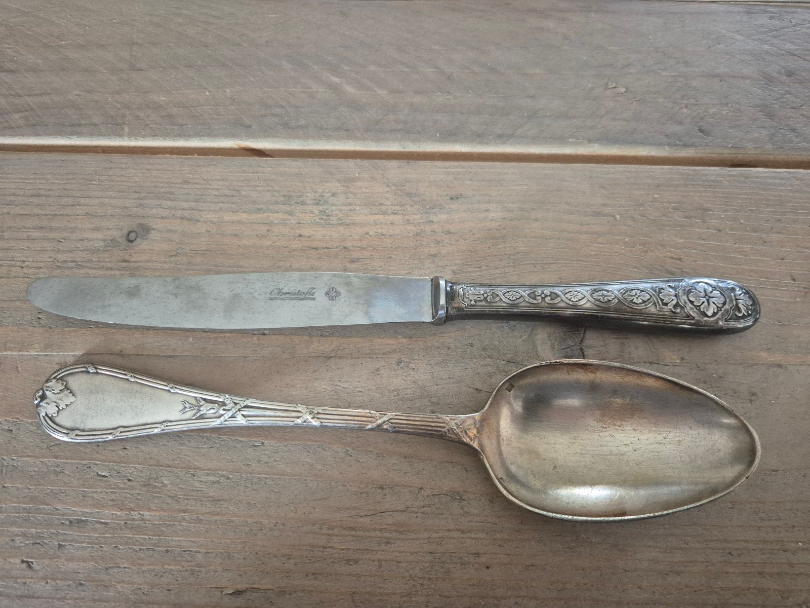 Antiek Christofle verzilverde Mes en Lepel Set Art nouveau, Ophalen of Verzenden