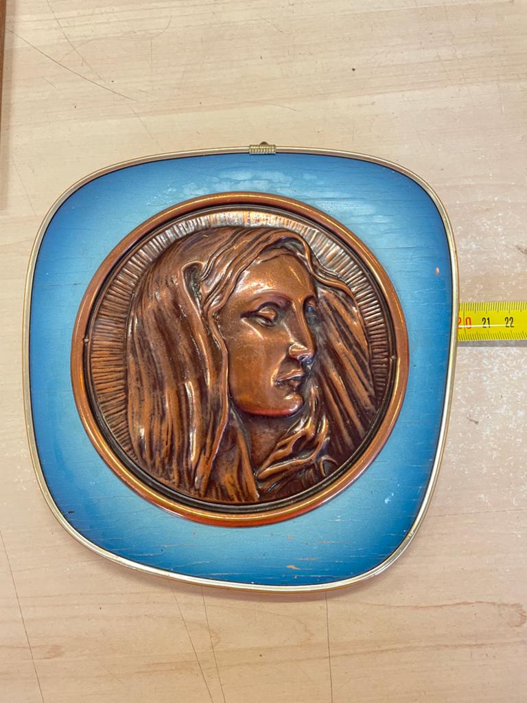 Vintage Koperen Reliëf Plaquette Maria, Antiek en Kunst, Antiek | Religie, Ophalen of Verzenden