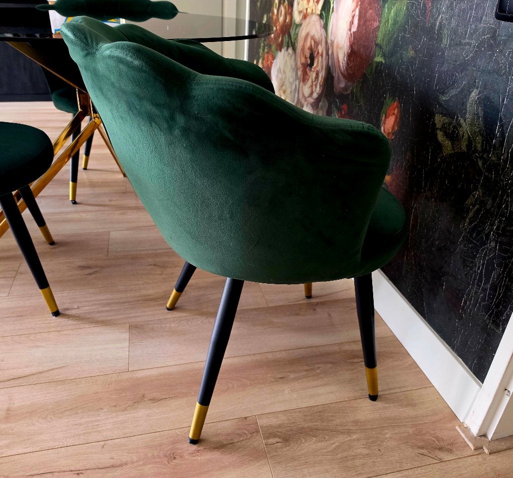 Luxe velvet schelp stoel groen, 4 stuks, Ophalen, Gebruikt, Overige kleuren, Hotel chique