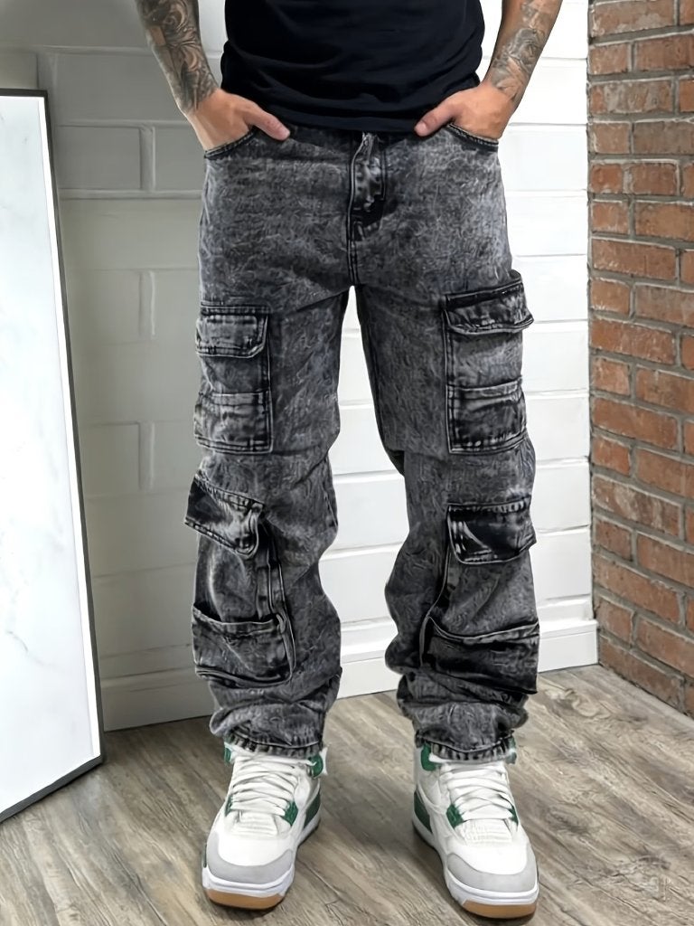 Trendy Heren Patchwork Multi-Pocket Cargo Jeans XS NIEUW, Ophalen, Nieuw, Grijs, W32 (confectie 46) of kleiner