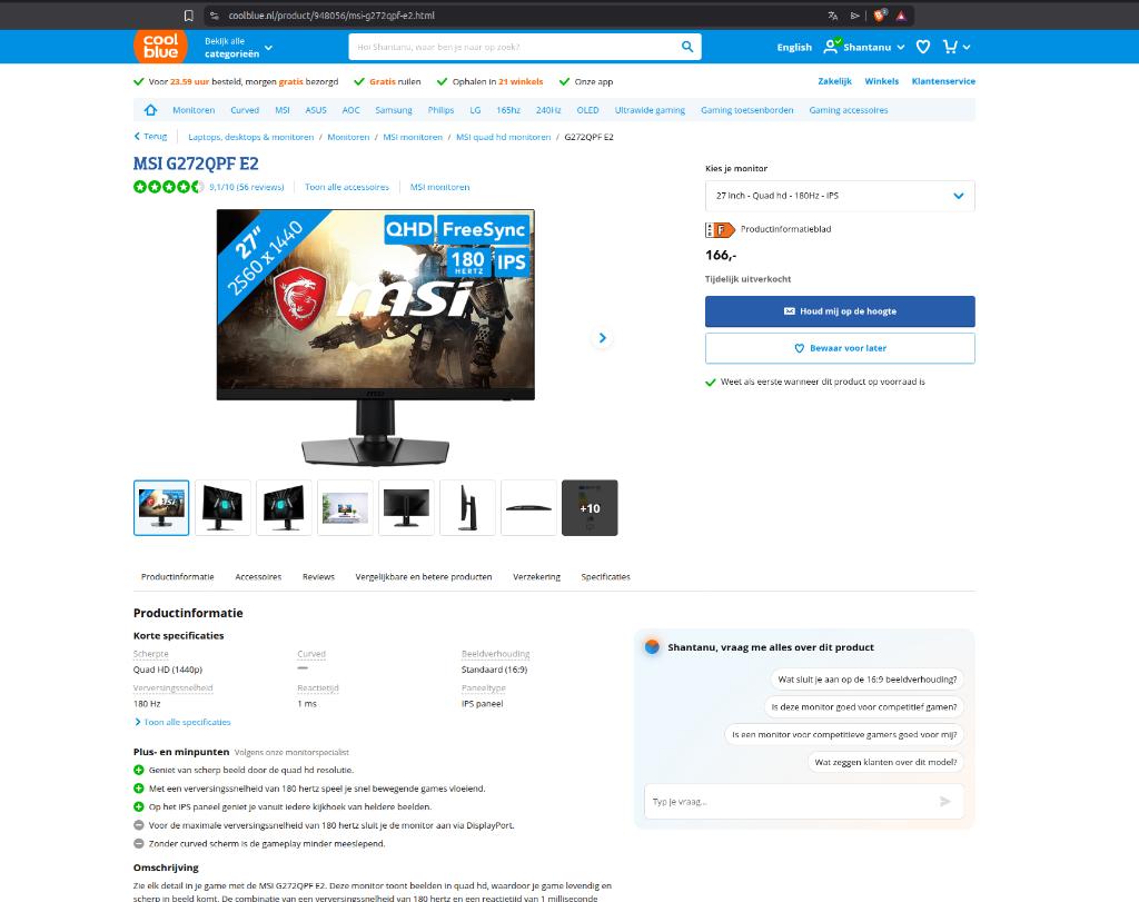 MSI G272QPF 27 Inch Monitor - 6 months original warranty, Gaming, Msi, IPS, Ophalen of Verzenden
