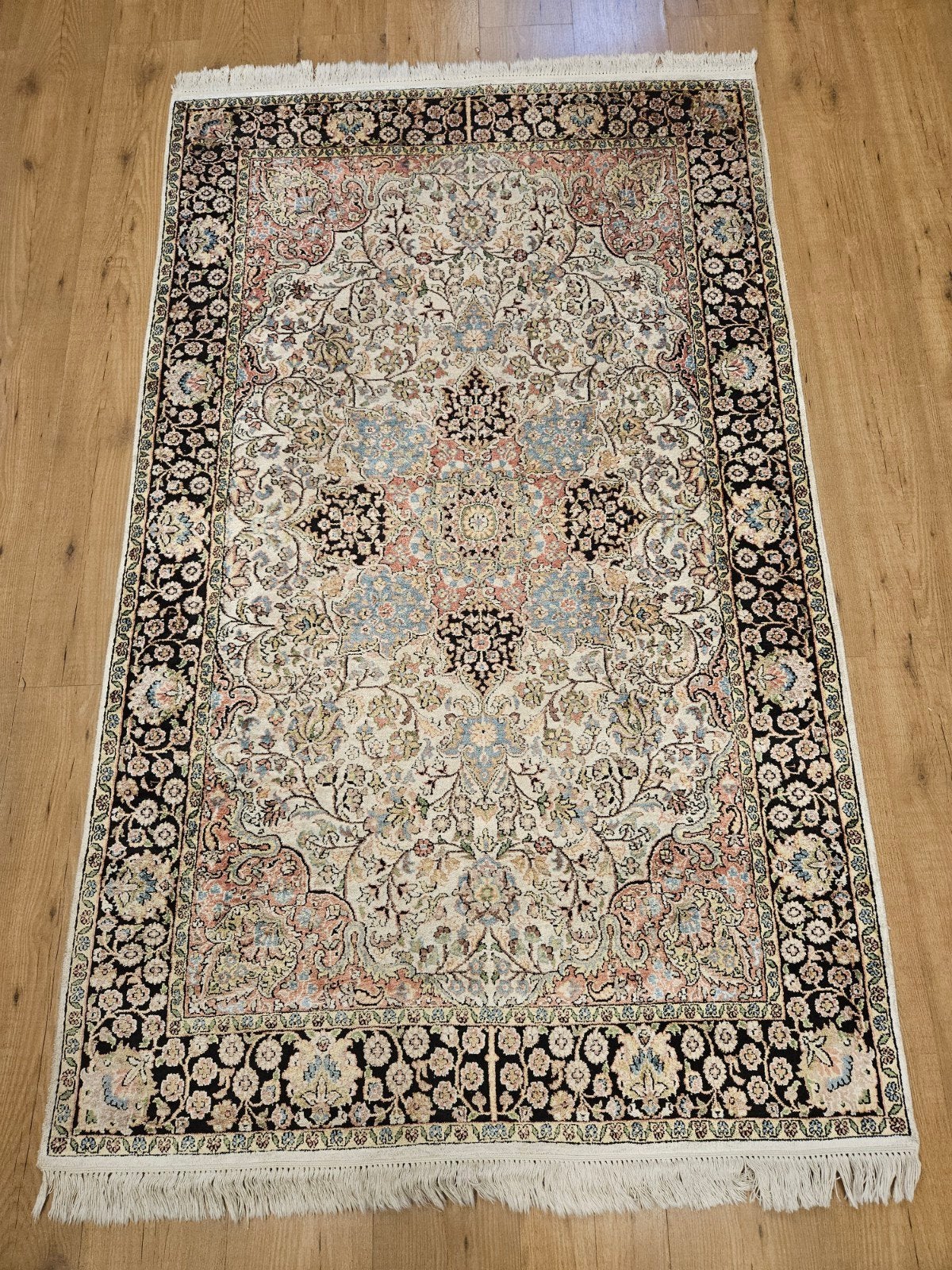 Vintage handgeknoopt perzisch tapijt kashmir zijde 201x118, Huis en Inrichting, Stoffering | Tapijten en Kleden, Tweedehands, 100 tot 150 cm