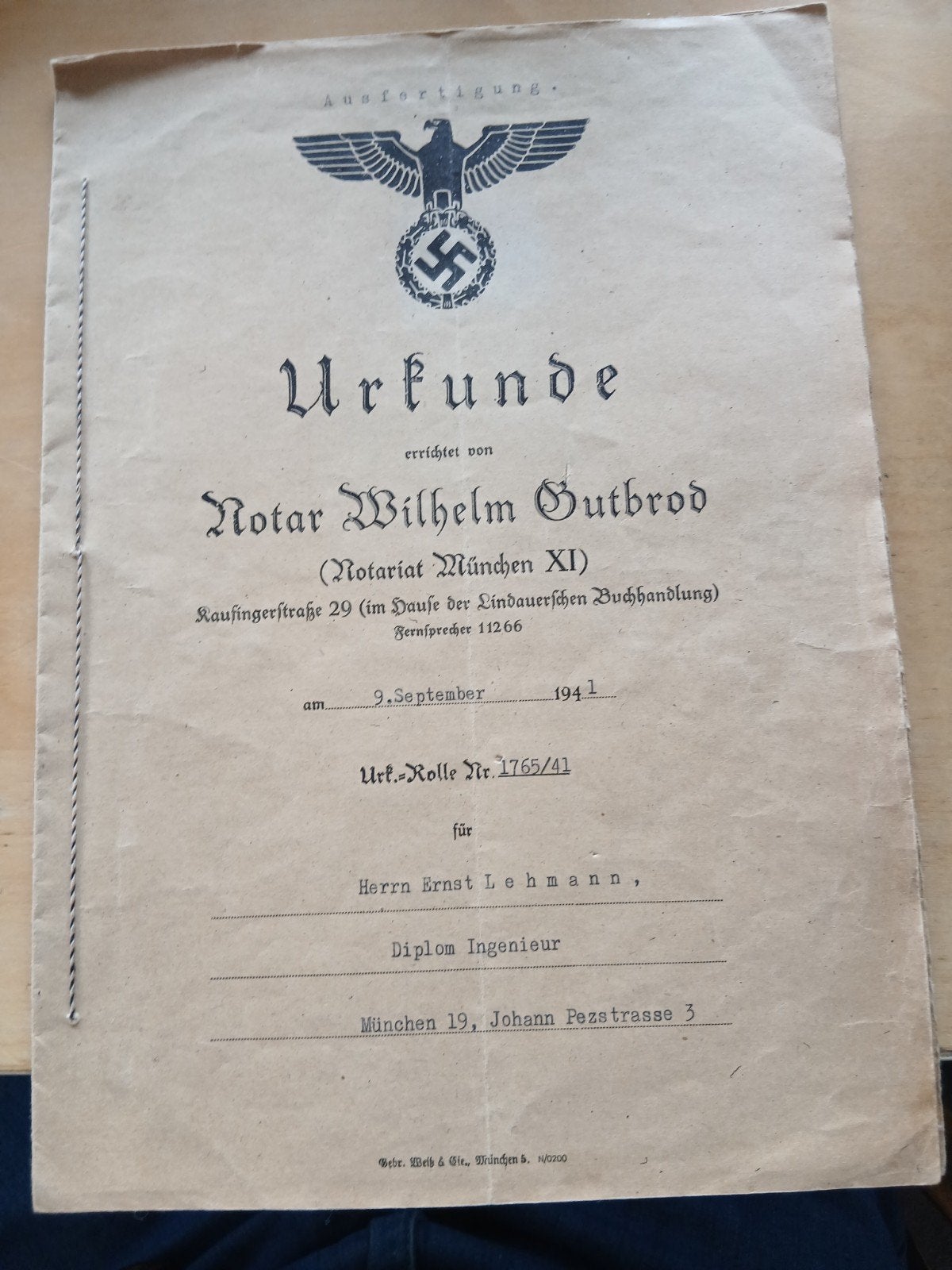 Originele Duitse WOII Notariële Akte - 1941, Verzenden, Overige soorten, Duitsland, Boek of Tijdschrift