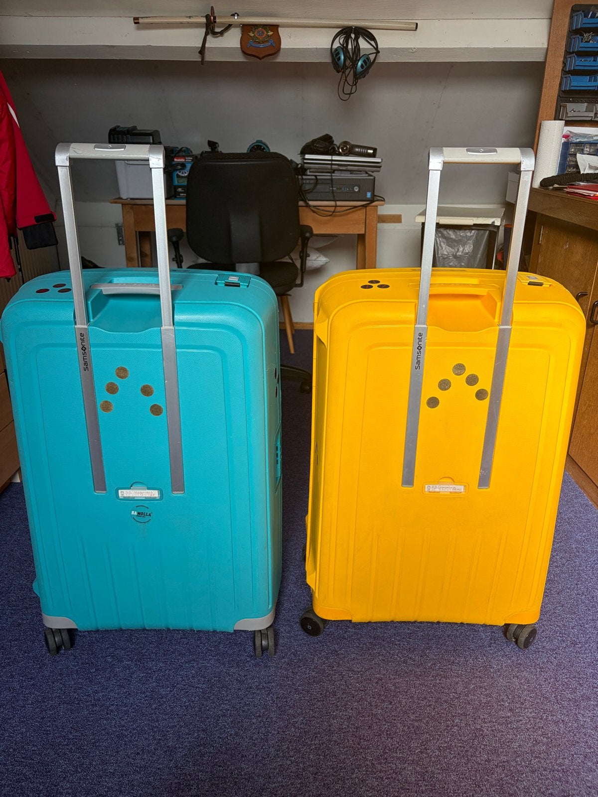 2 Samsonite S’ Cure XL koffers (geel en turquoise), Sieraden, Tassen en Uiterlijk, Ophalen, Gebruikt, Hard kunststof, 45 tot 55 cm