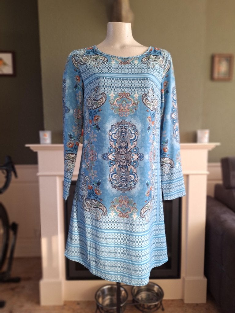 Exquiss's lichtblauw chique paisley jurk S / M 38, Maat 38/40 (M), Exquiss's, Zo goed als nieuw, Knielengte