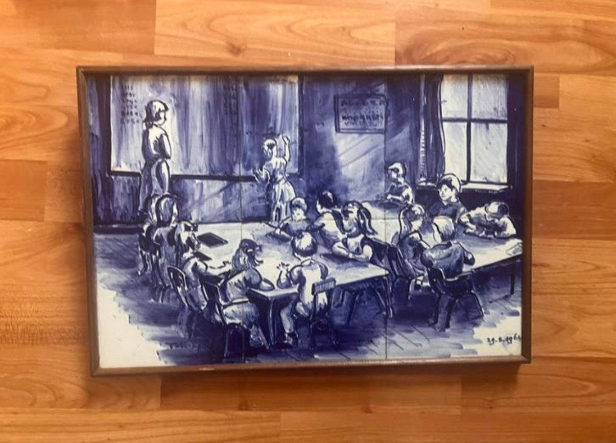 Antieke tegeltableau met schoolklas tafereel, Ophalen
