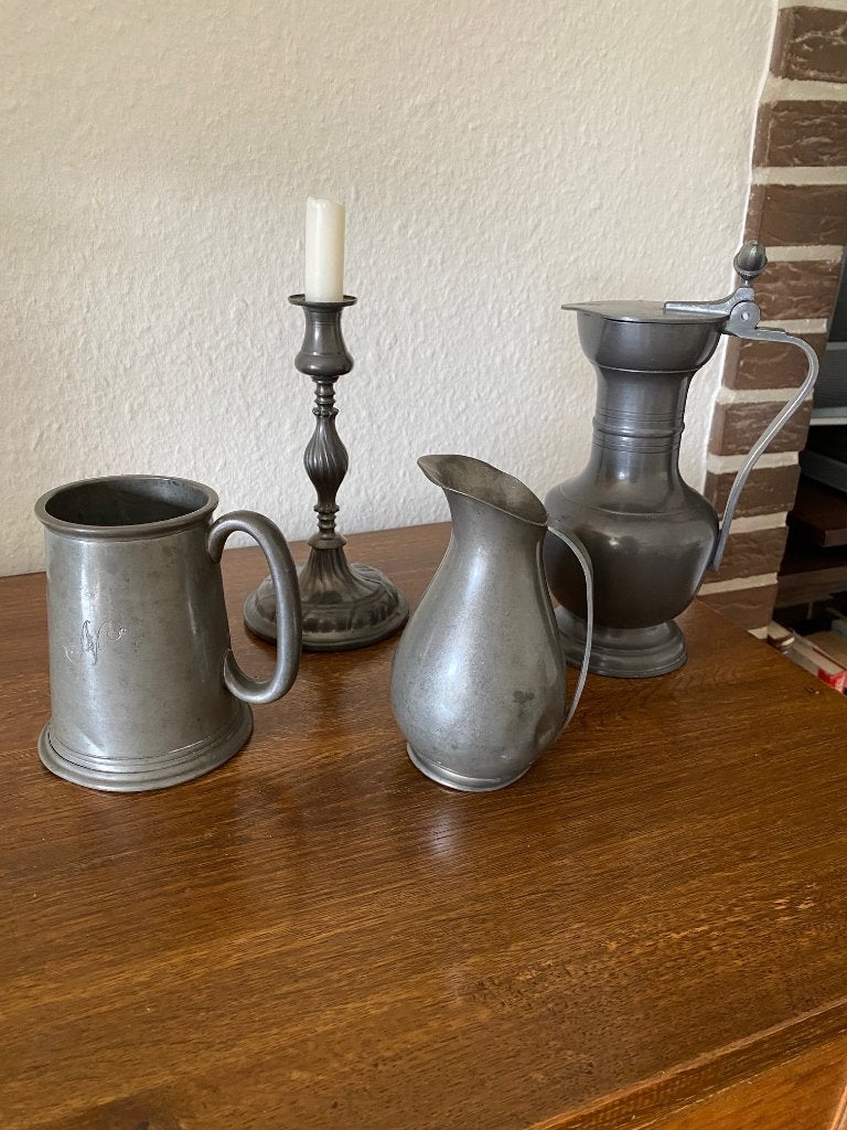 Antieke tinnen kan, beker en kandelaar, Antiek en Kunst, Ophalen of Verzenden