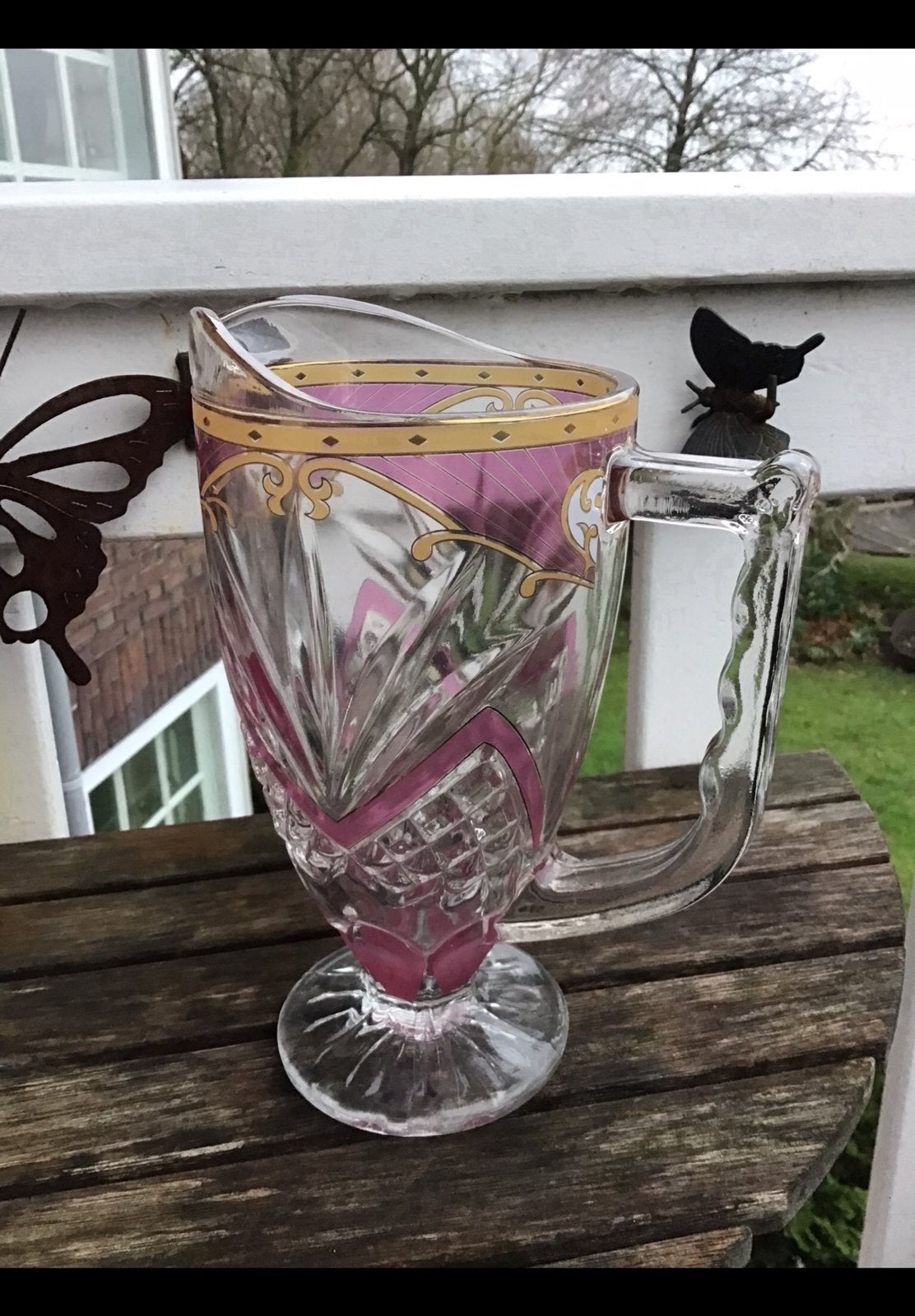 Glazen karaf dik persglas, ong 23 centimeter hoog, handgreep, Ophalen of Verzenden