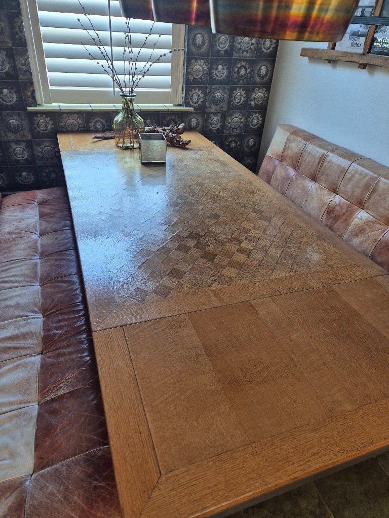 Houten eettafel met stalen frame, Ophalen, Gebruikt, 200 cm of meer, 50 tot 100 cm