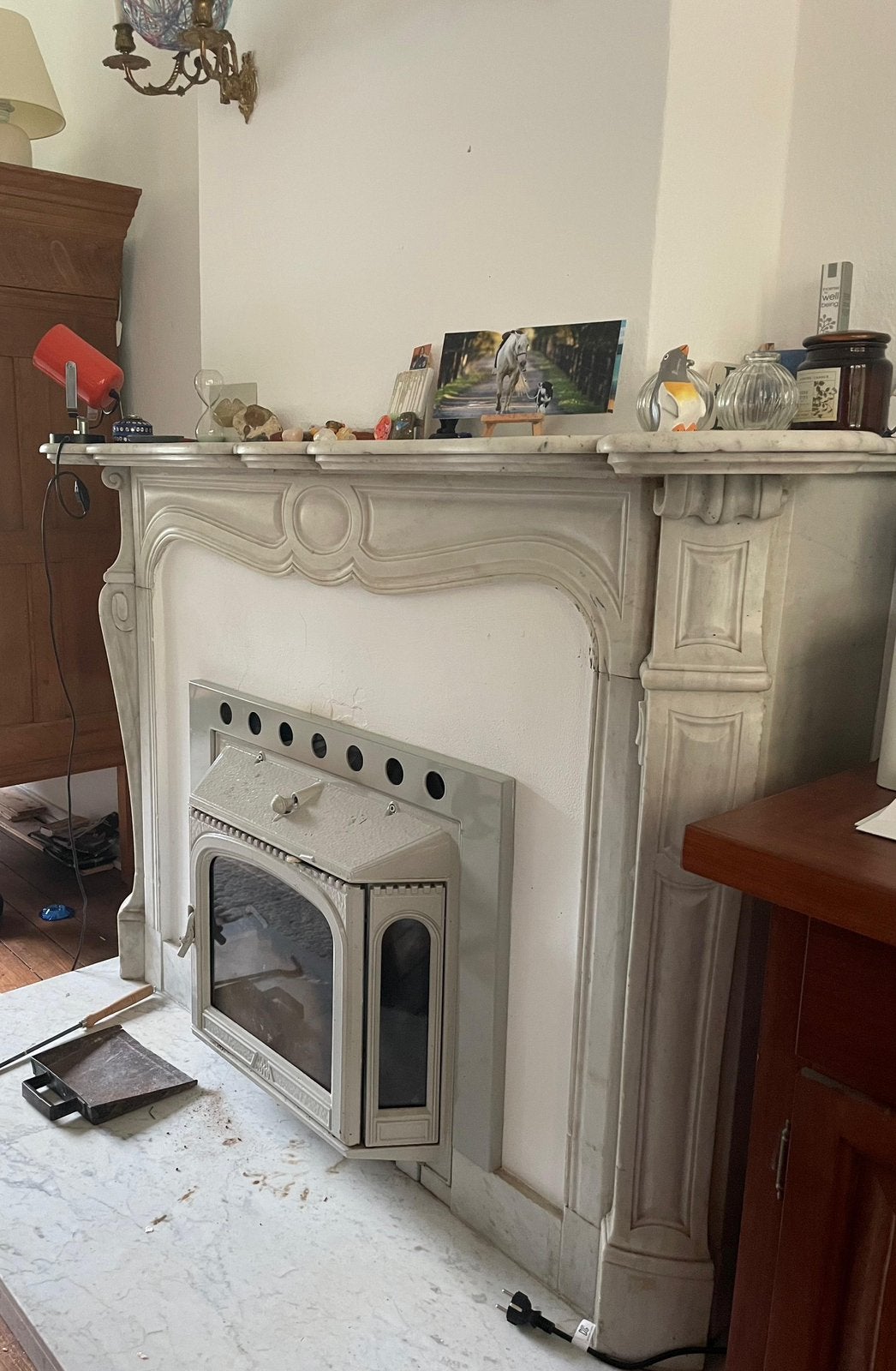 Omlijsting haard marmer en Jotul inzethaard, Ophalen, Gebruikt, Inzethaard, Houthaard