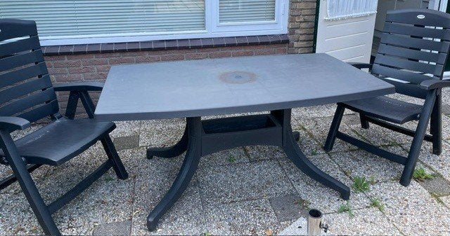 Tuintafel met 2 stoelen, Ophalen, Gebruikt, Rechthoekig, Kunststof