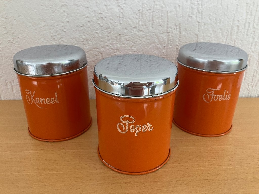 3 Oranje Kruidenblikken Jaren 70 Retro , Ophalen of Verzenden