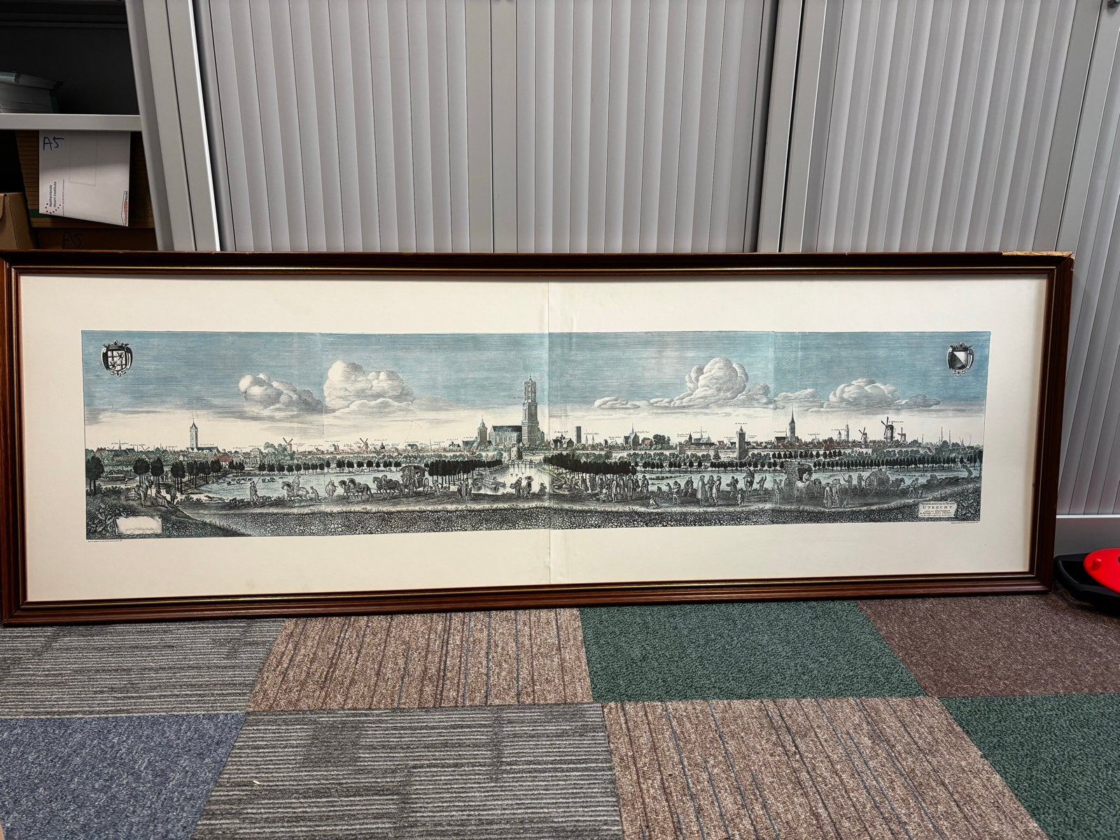 Stadsgezicht Utrecht 1669, Saftleven, ingelijste reproductie, Ophalen, Handgekleurd, 1950 - 1999, Overige technieken
