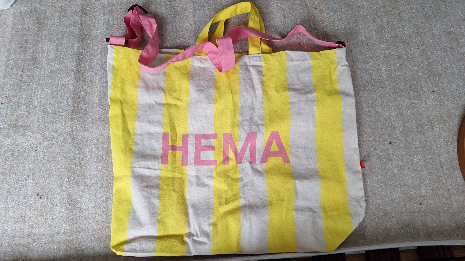 Hema Shopper Geel/Wit Gestreepte Tas met Roze Hengsels, Ophalen