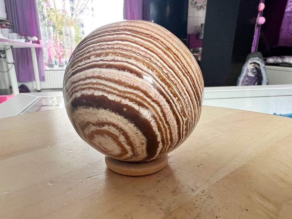 Aragoniet bol gestreept (3) diameter 10 cm, 583 gram., Ophalen of Verzenden, Mineraal