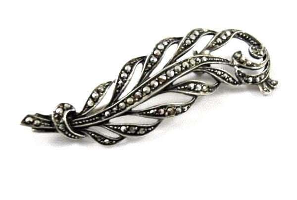 Elegante broche blad met markasieten 835 zilver meesterteken, Ophalen of Verzenden, Zo goed als nieuw, Zilver, Zilver
