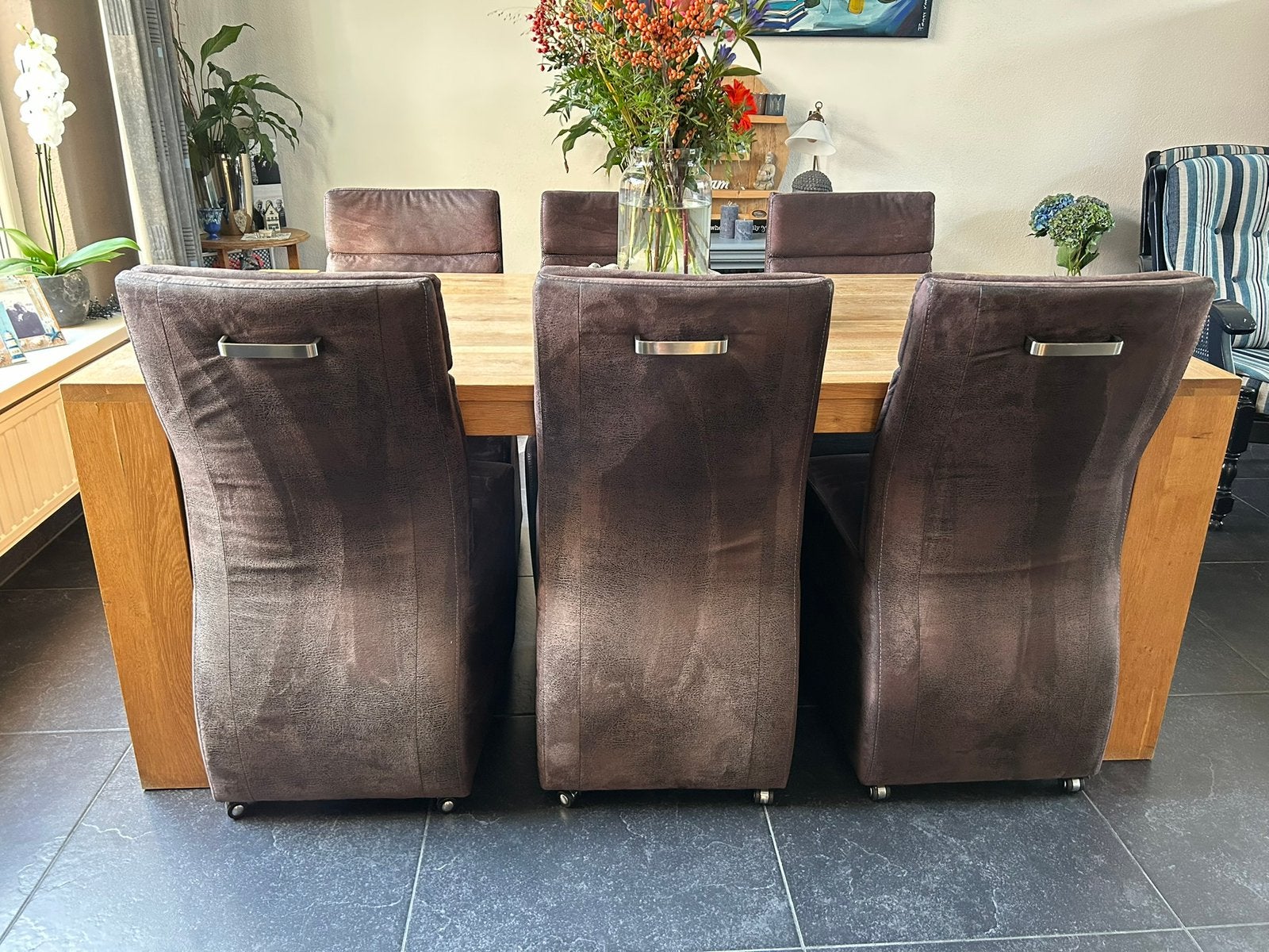 Gereserveerd 8 verrijdbare stoelen, Huis en Inrichting, Overige materialen, Gebruikt, Bruin, Ophalen of Verzenden