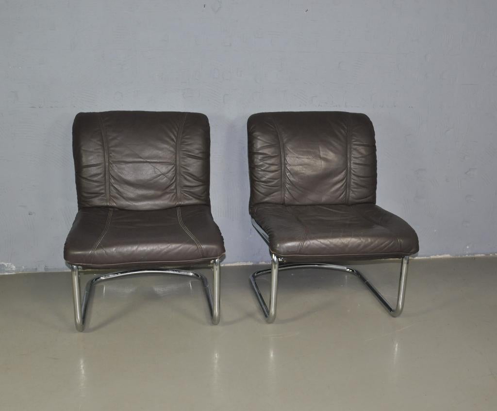 Vintage buisframe stoelen, Ophalen, Twee, Bruin, Leer