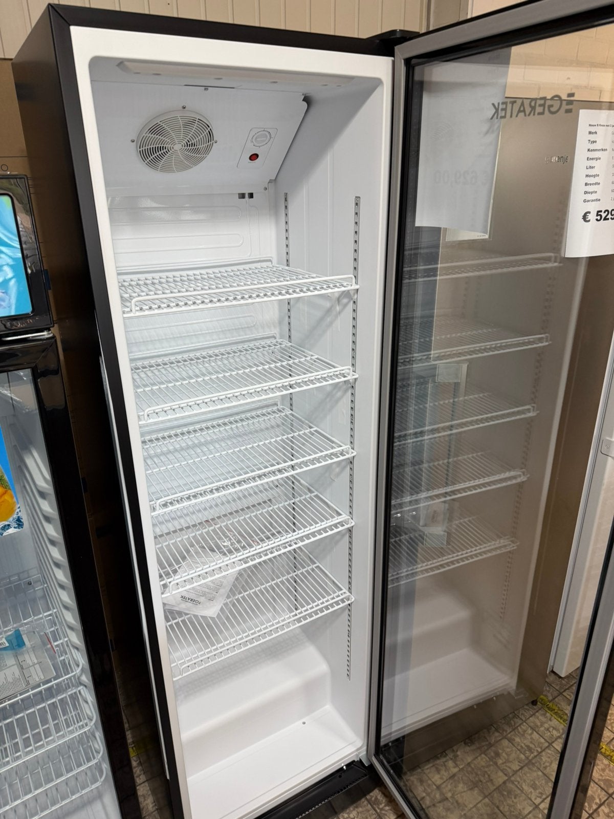 Glasdeur koeling 194 hoog 60 breedt kleur zwart 350 liter, Geratek, Zonder vriesvak, Geratek, 200 liter of meer