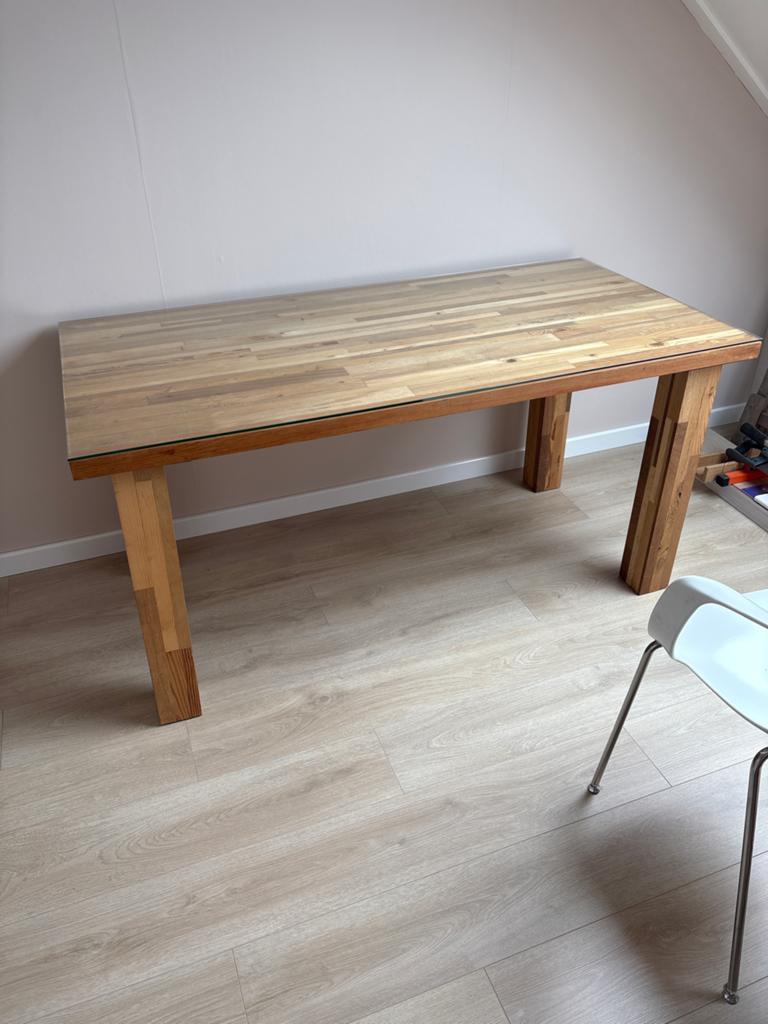 Houten eettafel met glazen blad, Ophalen, Gebruikt, Eikenhout, 50 tot 100 cm