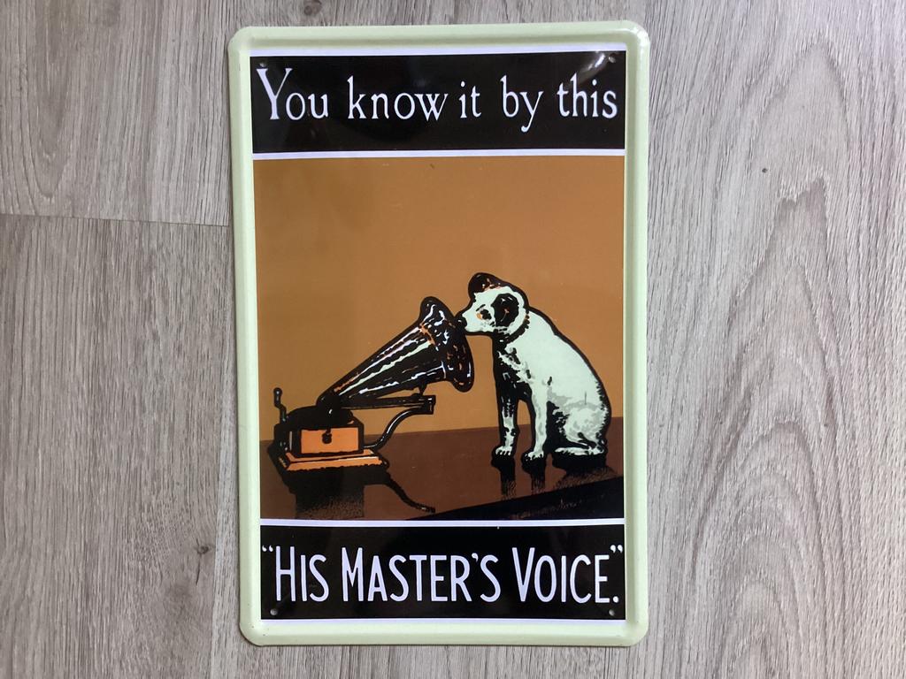 Vintage HIS MASTER’S VOICE reclame bord (geen emaille), Ophalen of Verzenden, Zo goed als nieuw