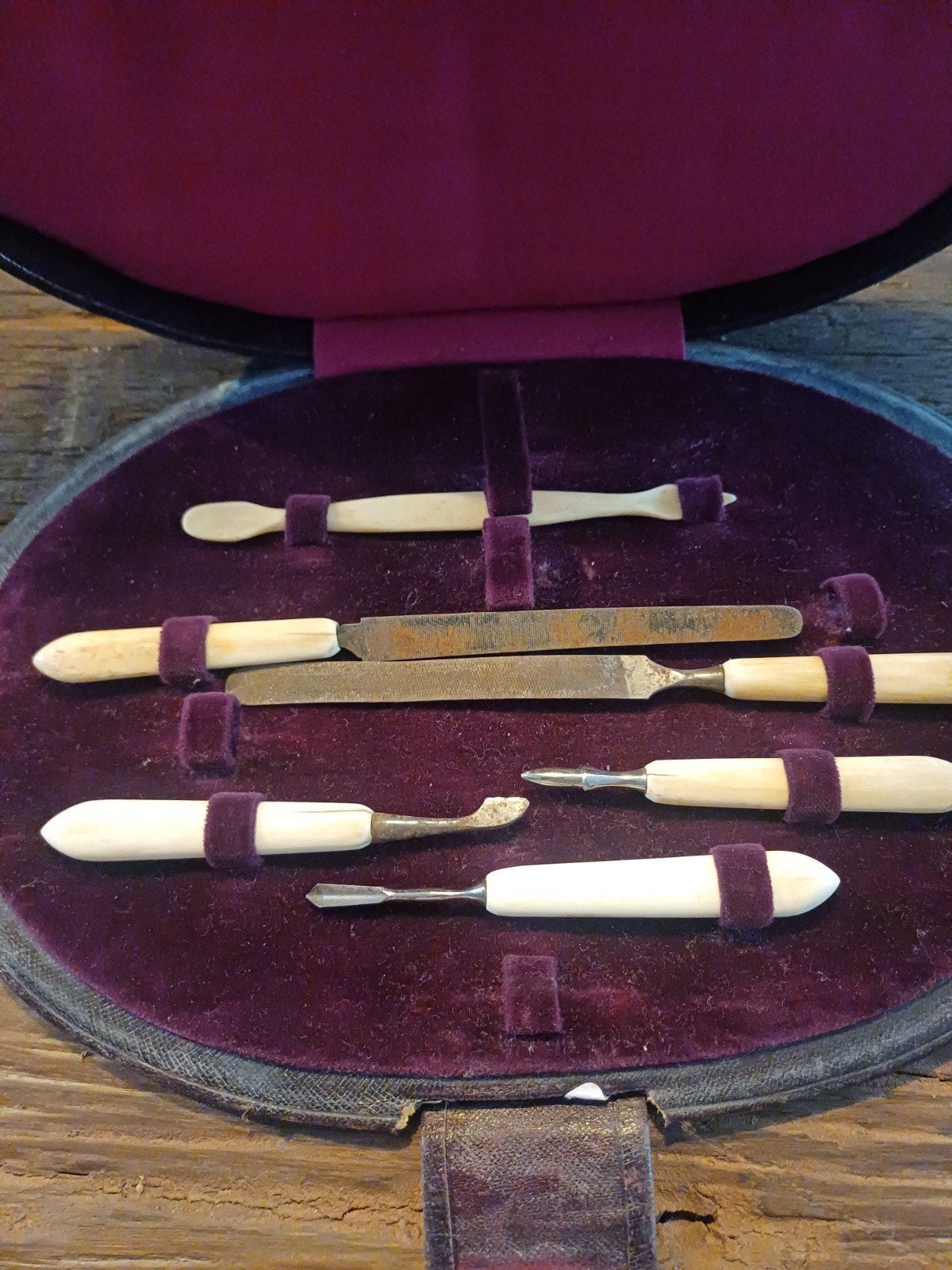 Antieke Manicure Set in Leren Etui - Been/Ivoor Handvatten, Ophalen of Verzenden