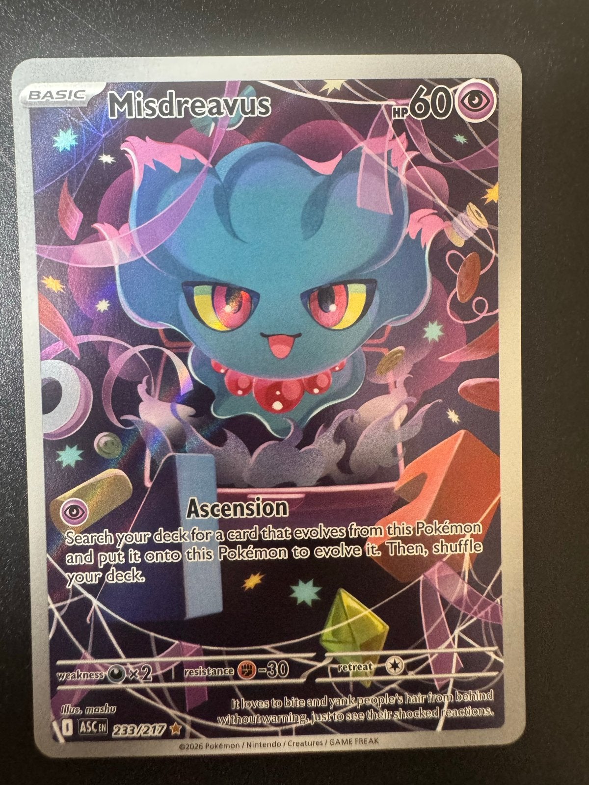 Misdreavus Pokémon Kaart - Ascension 233/217, Ophalen of Verzenden, Zo goed als nieuw, Losse kaart, Foil