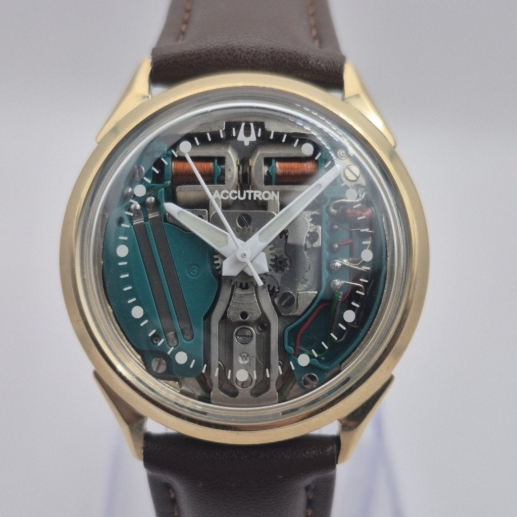 Bulova Accutron 214 Spaceview 1967 gold filled bruin, Ophalen of Verzenden