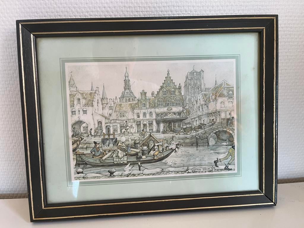 Anton Pieck Prent: Grachtgezicht met Figuren en Boten, Ophalen