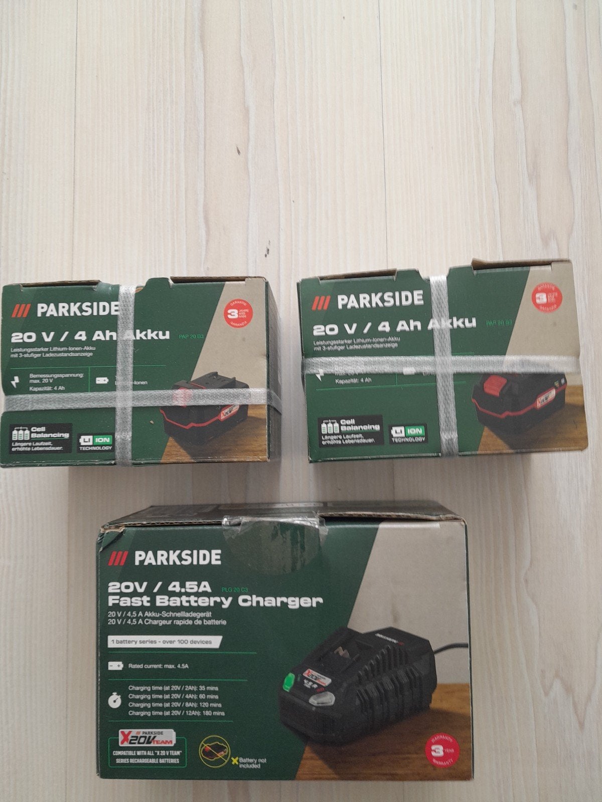 Parkside 20v 4ah accu's en 4.5a snel lader, Doe-het-zelf en Verbouw, Gereedschap | Machine-onderdelen en Toebehoren, Ophalen, Nieuw