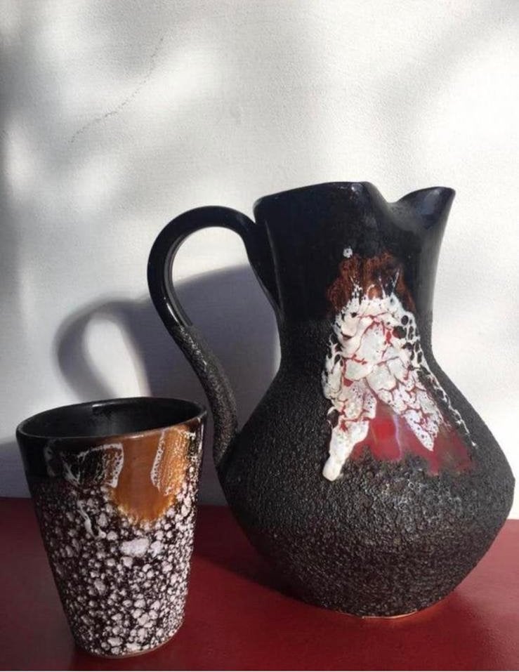Prachtige Vintage Fat Lava Keramiek Vaas Kan & Mok Jaren '60, Antiek en Kunst, Antiek | Vazen, Ophalen