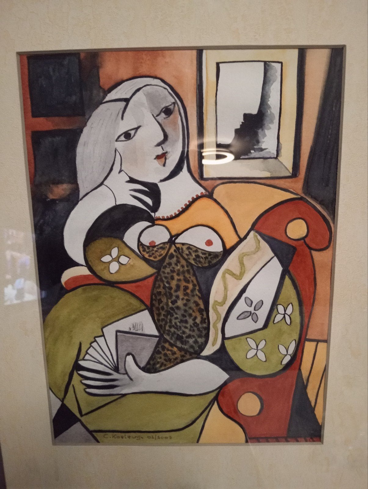 reproductie van het beroemde schilderij "Vrouw met een boek", Antiek en Kunst, Aquarel, Papier/karton, Ophalen of Verzenden, Portret
