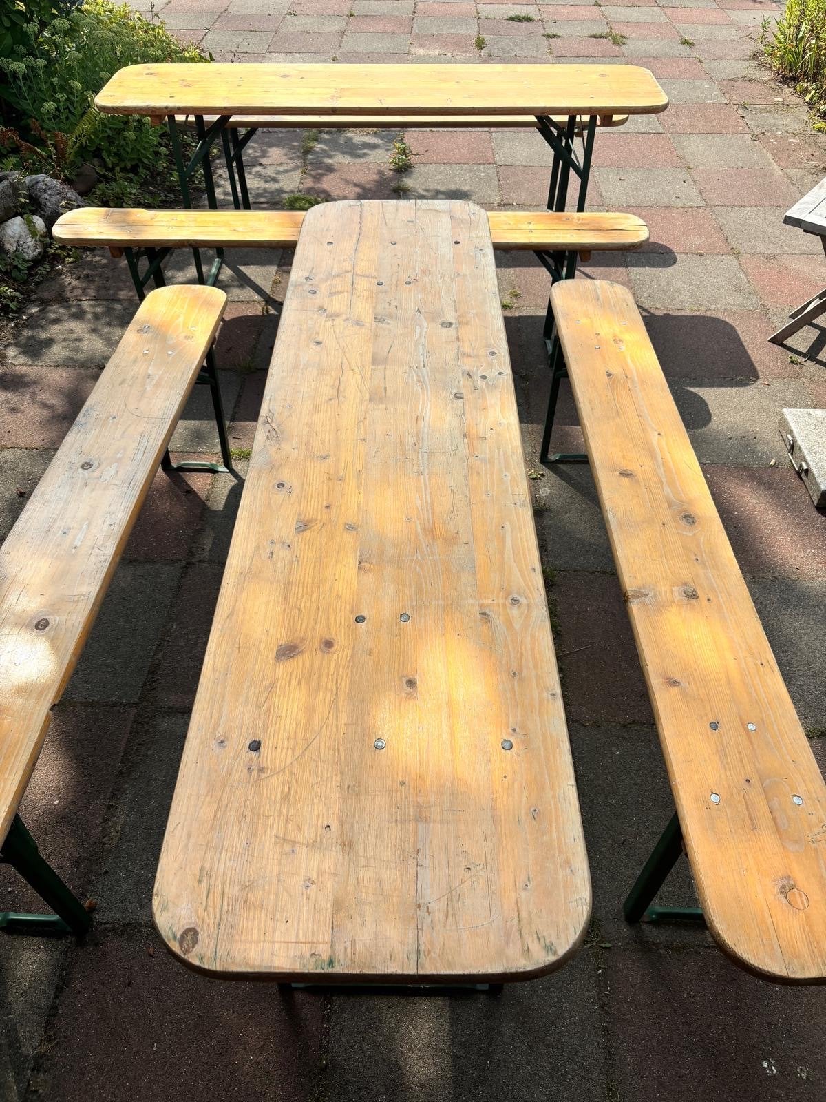 4 gebruikte biertafels en 4 banken in 1 koop, Ophalen, Gebruikt, Inklapbaar, Rechthoekig