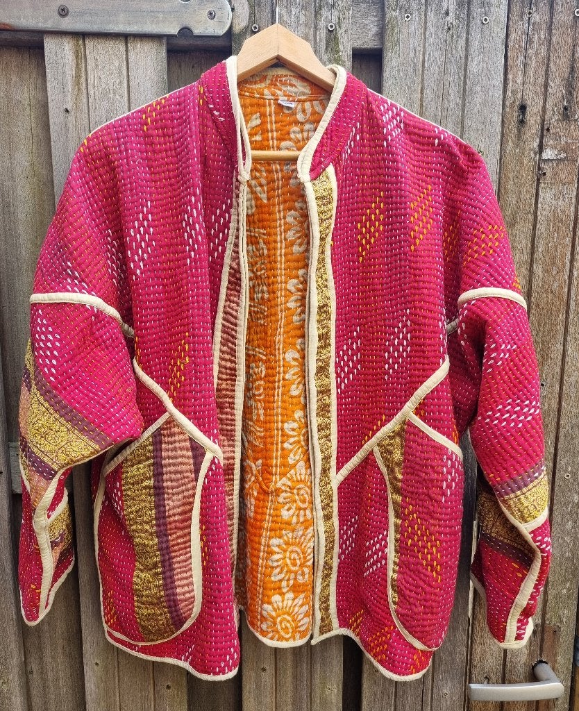 Kantha jas rood/oranje bohemian India, Ophalen of Verzenden, Nieuw, Maat 42/44 (L), Rood